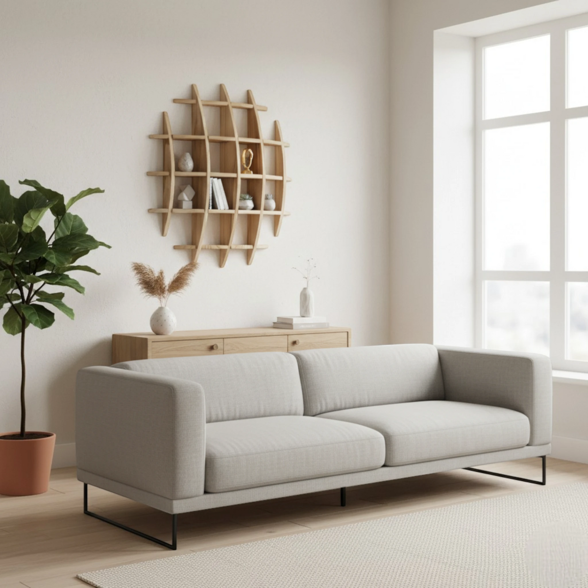 Grande Étagère Murale En Bois Naturel À Étages Compartimentés À Fixations Invisibles