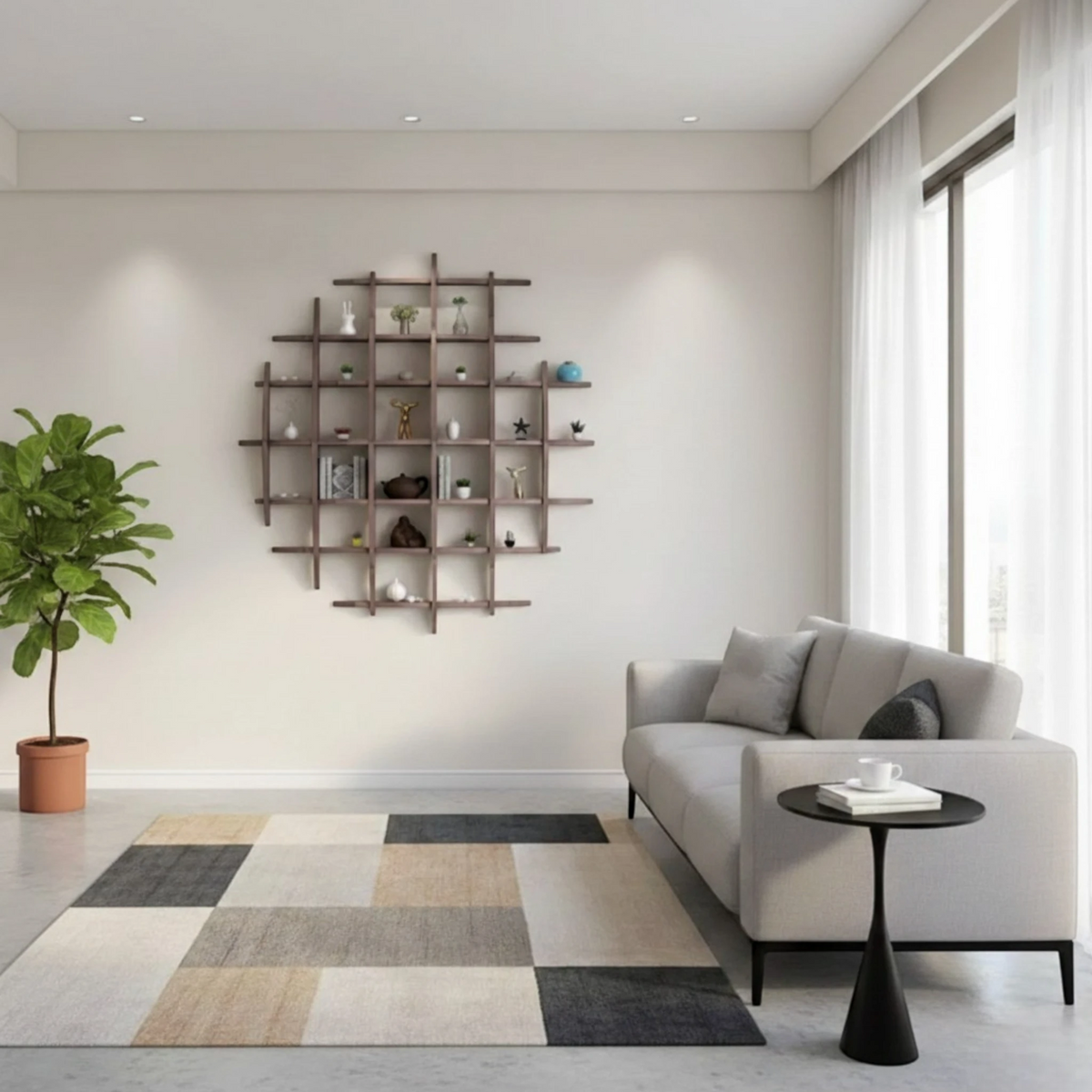 Grande Étagère Murale En Bois Naturel À Étages Compartimentés À Fixations Invisibles