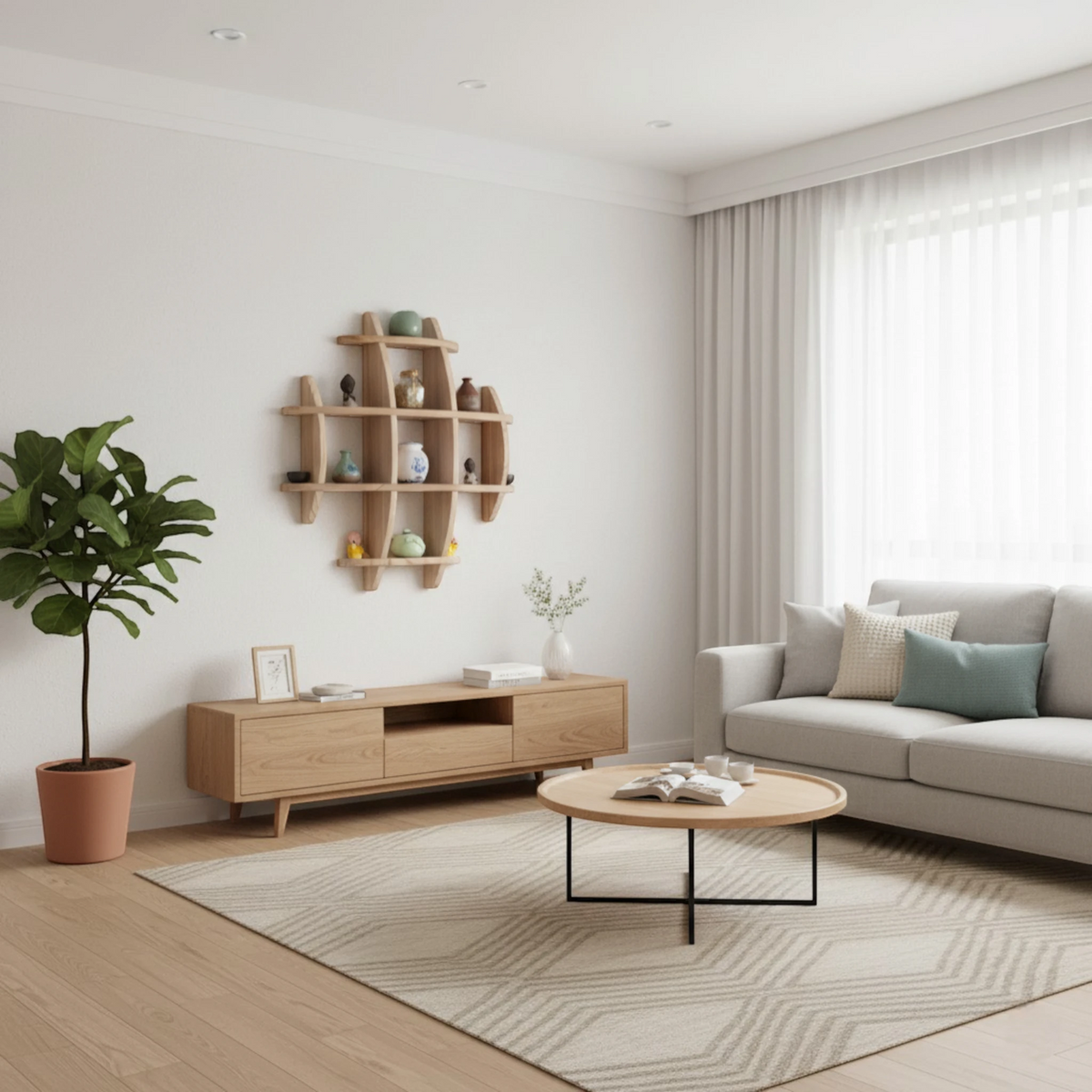 Grande Étagère Murale En Bois Naturel À Étages Compartimentés À Fixations Invisibles