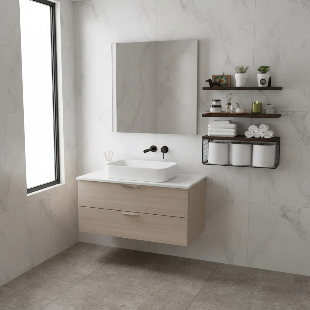 Étagère Murale De Salle De Bain À 3 Étages En Bois Et Porte Serviette Métallique