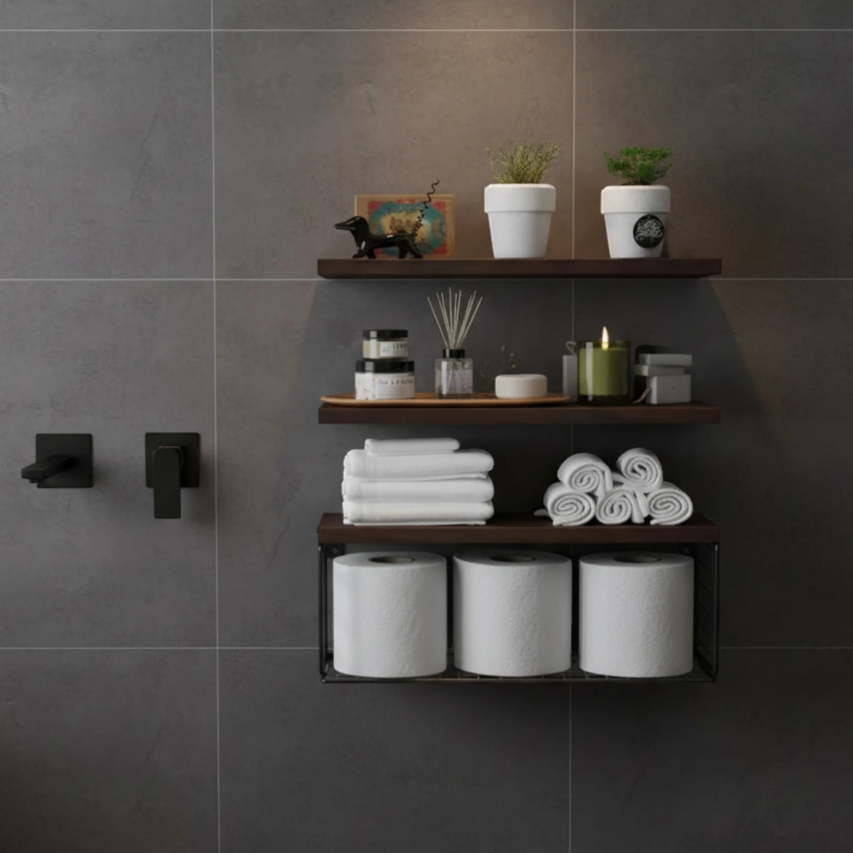 Étagère Murale De Salle De Bain À 3 Étages En Bois Et Porte Serviette Métallique