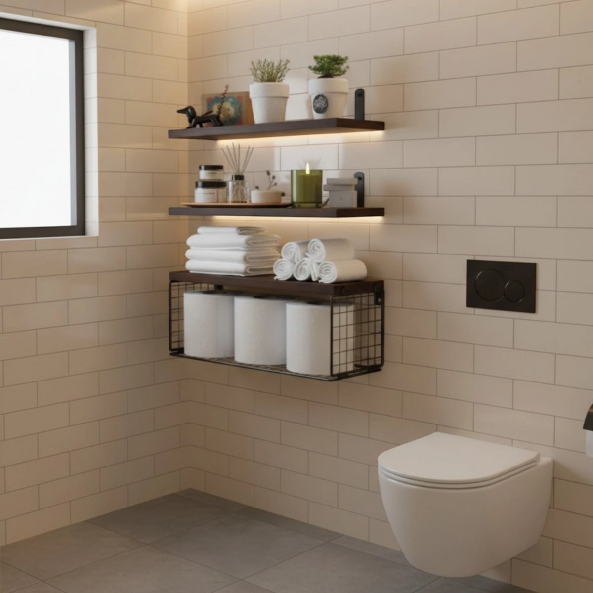 Étagère Murale De Salle De Bain À 3 Étages En Bois Et Porte Serviette Métallique