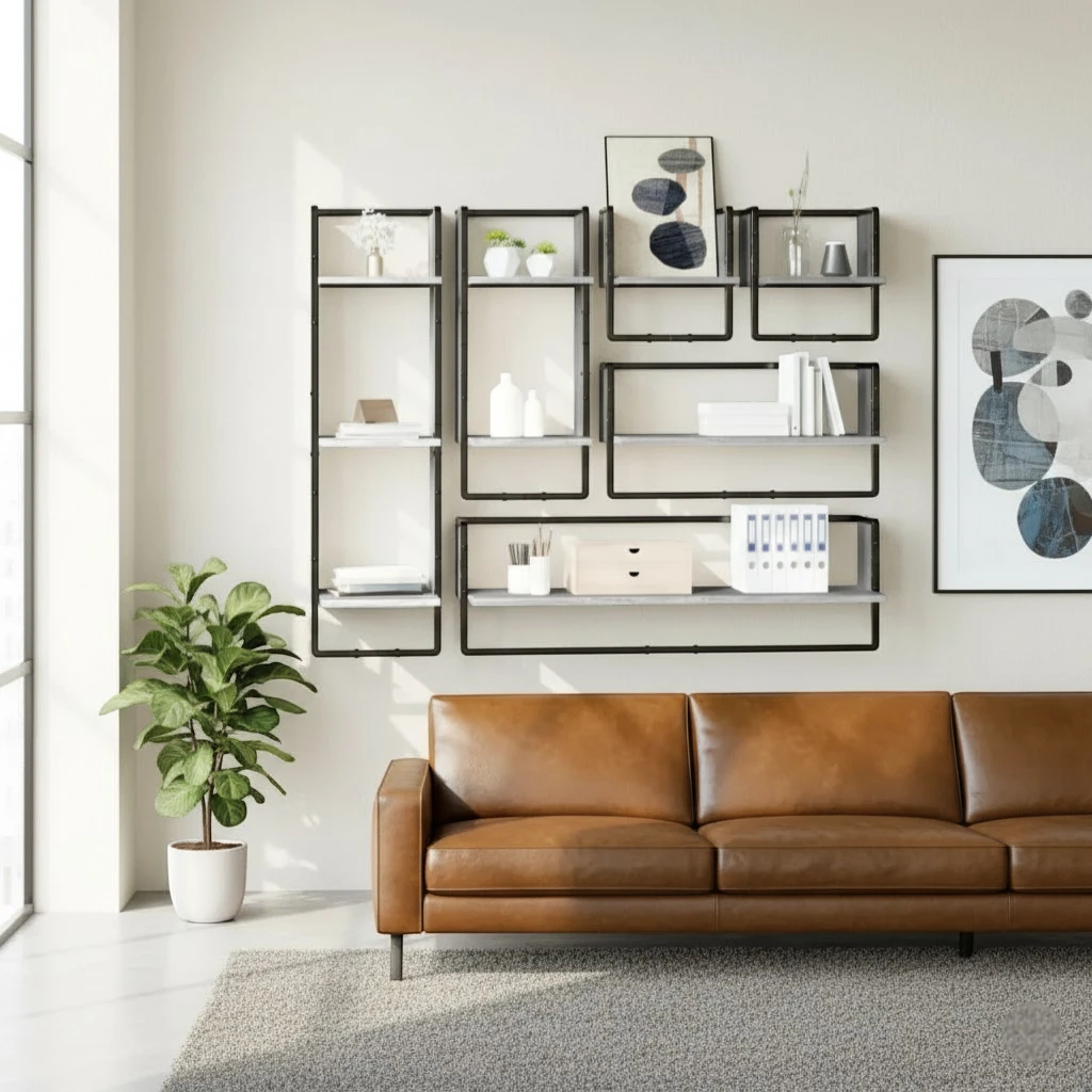 Grande Étagère Murale Industrielle En Bois Naturel À Contours Métalliques À Fixations Invisibles