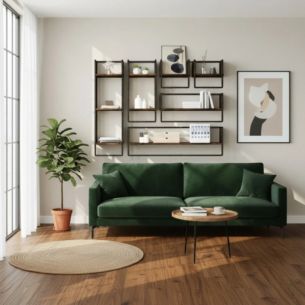 Grande Étagère Murale Industrielle En Bois Naturel À Contours Métalliques À Fixations Invisibles