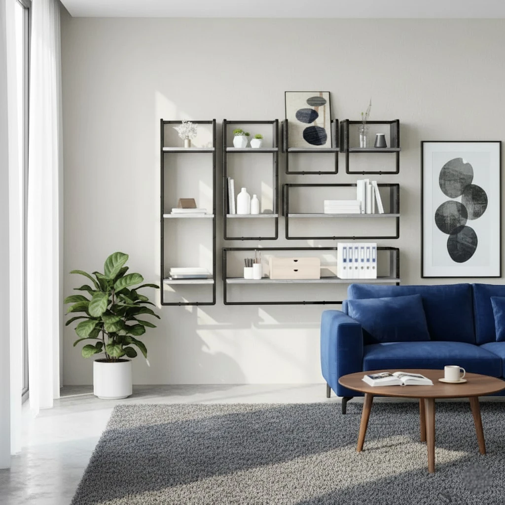 Grande Étagère Murale Industrielle En Bois Naturel À Contours Métalliques À Fixations Invisibles