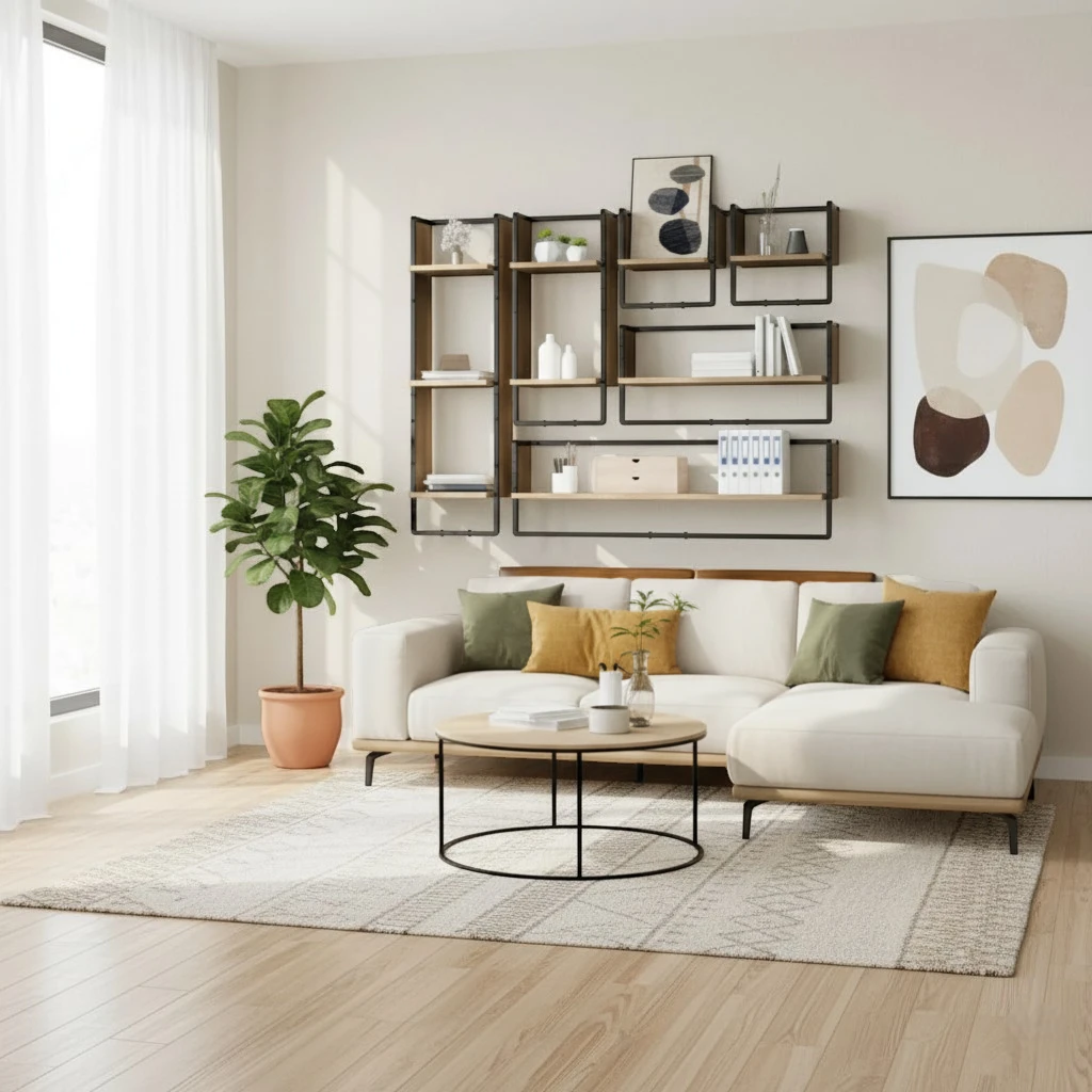 Grande Étagère Murale Industrielle En Bois Naturel À Contours Métalliques À Fixations Invisibles