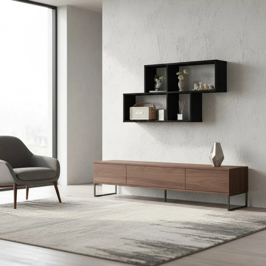 Étagère Murale Noire En Bois Naturel À Deux Étages