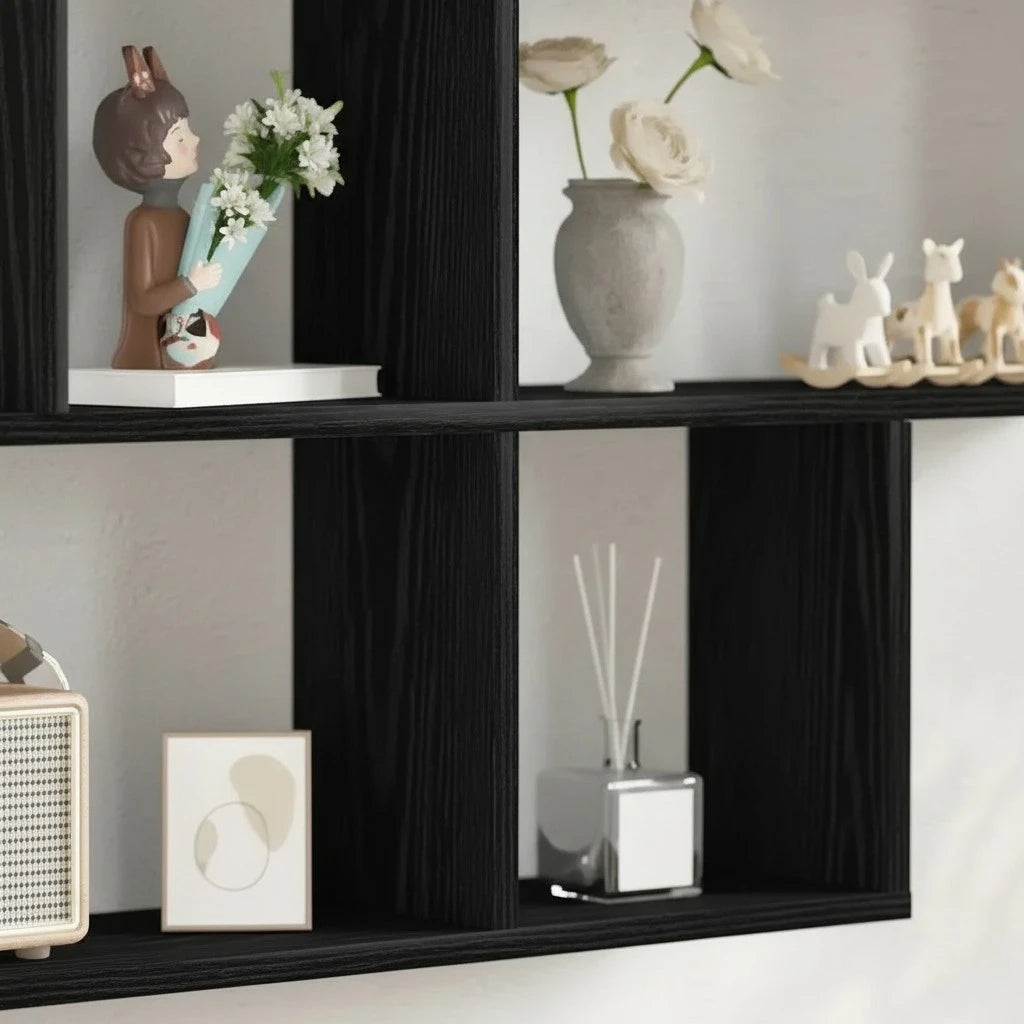 Étagère Murale Noire En Bois Naturel À Deux Étages