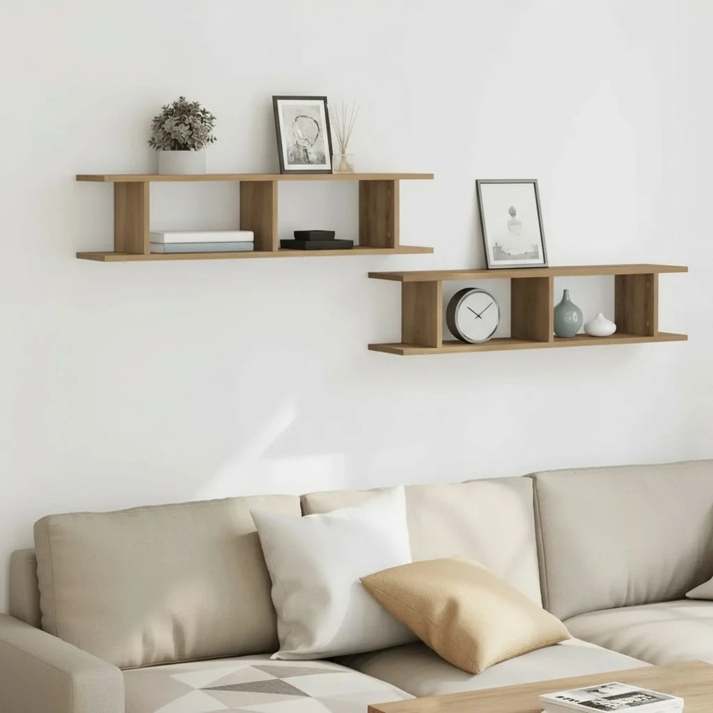 Doubles Étagères Murales En Bois Clair Naturel Compartimentées