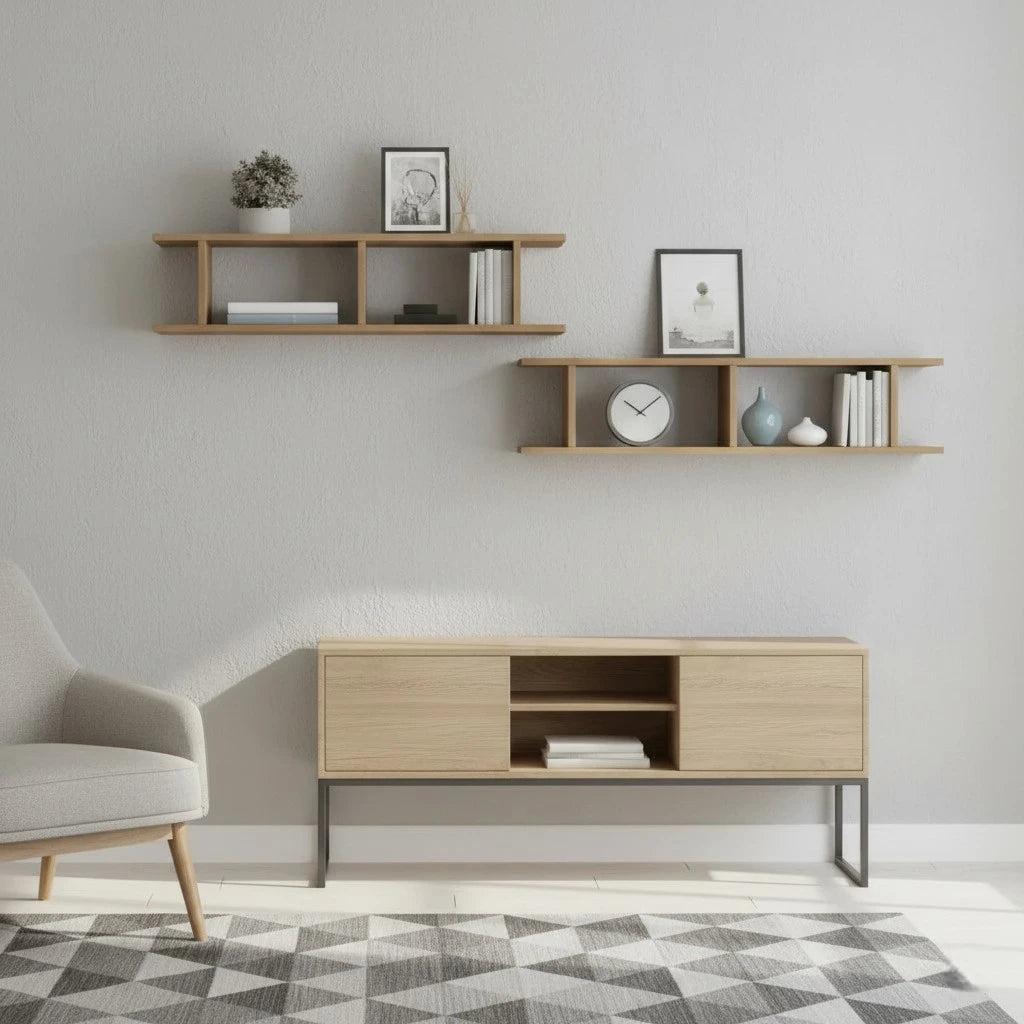 Doubles Étagères Murales En Bois Clair Naturel Compartimentées