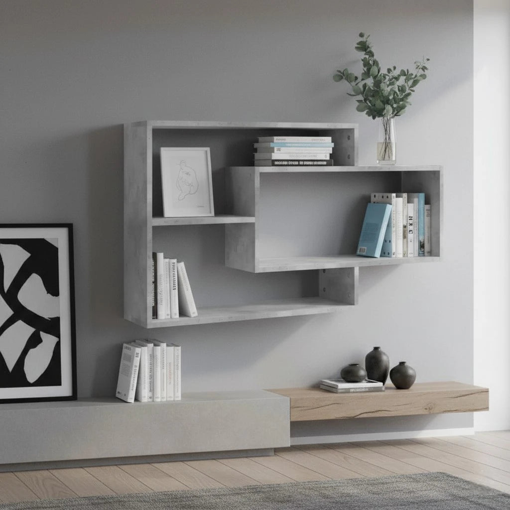 Étagère Murale Grise En Bois Naturel Multi-Étages Compartimentés