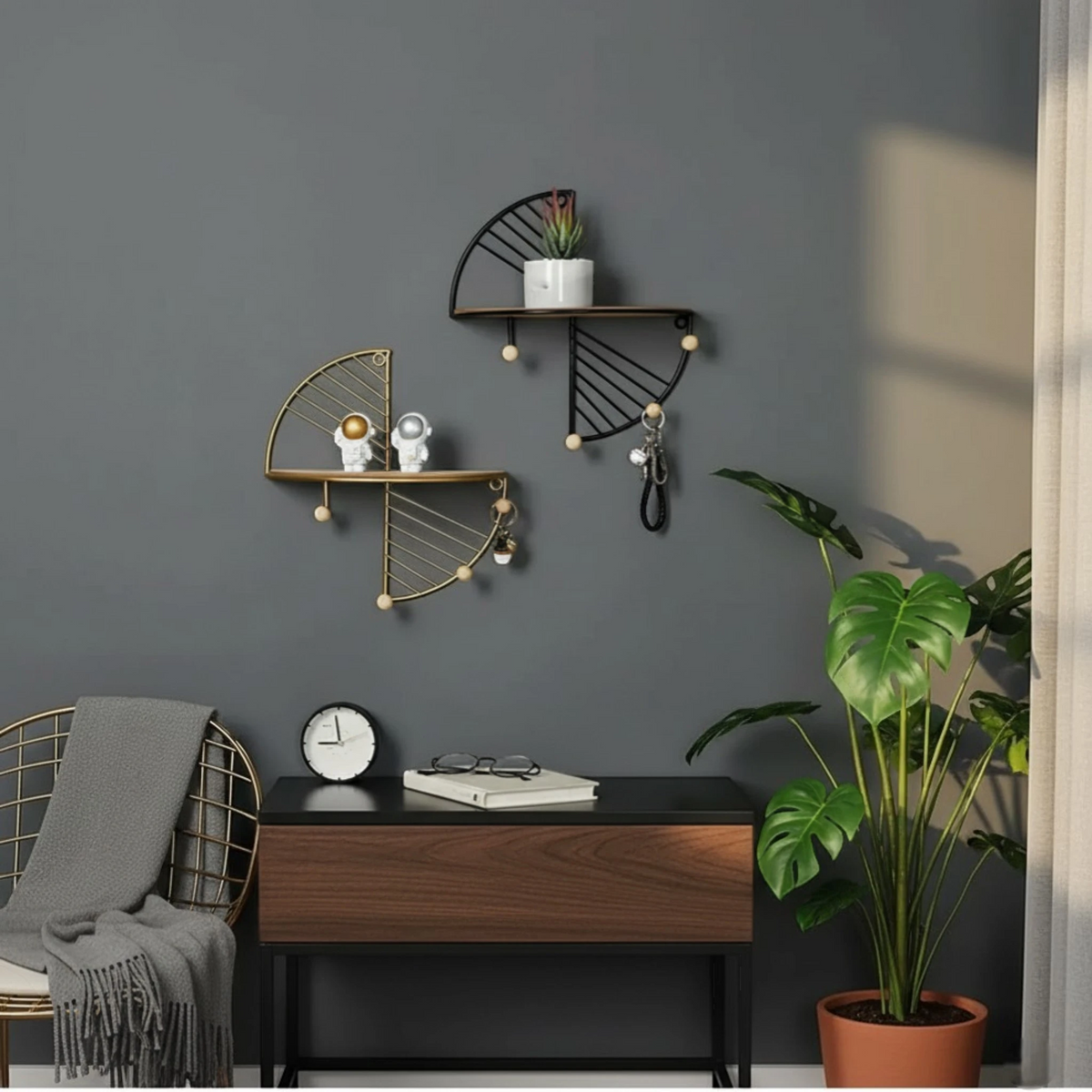 Étagère Murale En Bois Ronde  À Contours Métalliques Sans Percer