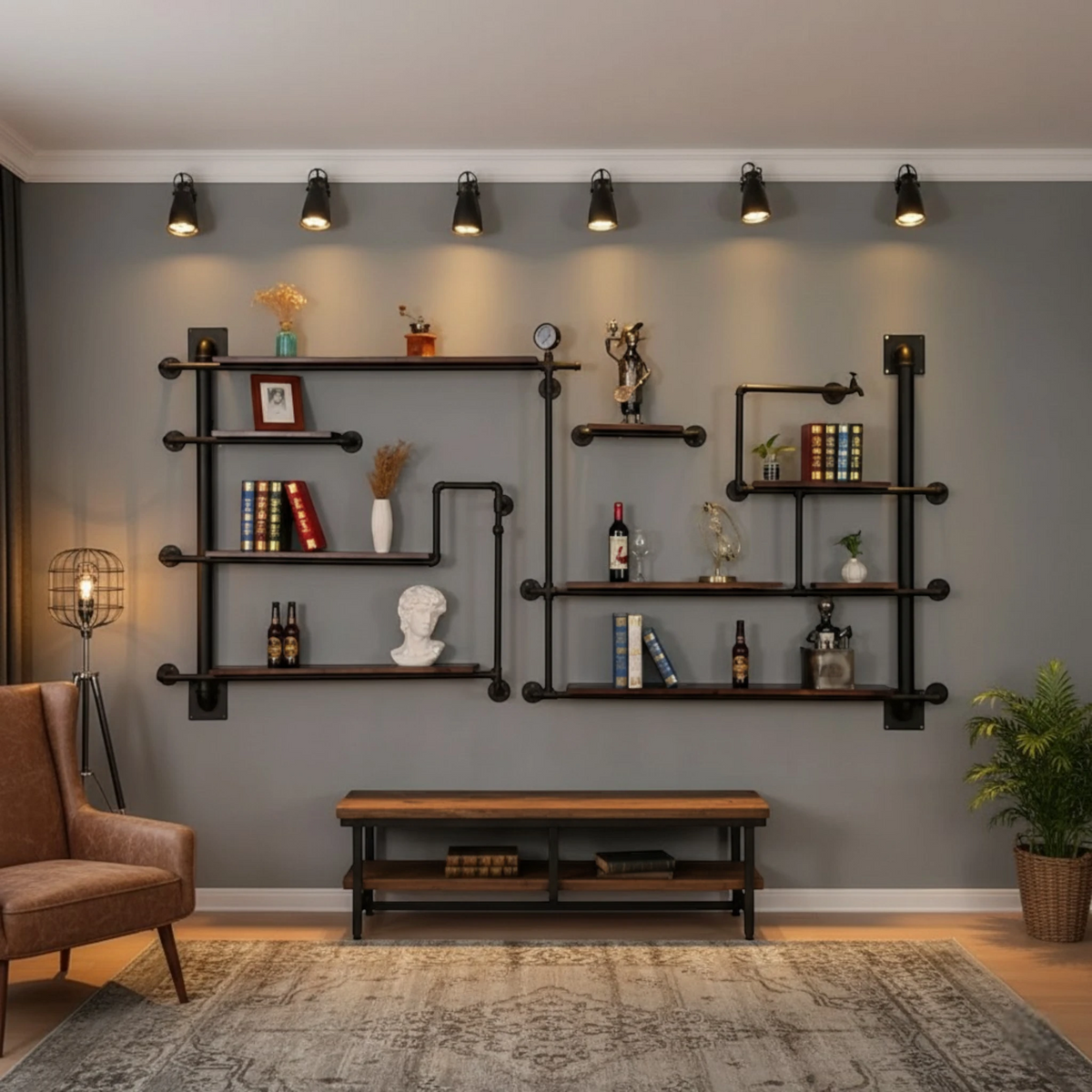 Grande Étagère Murale Métallique Noire Industrielle En Fer Forgé