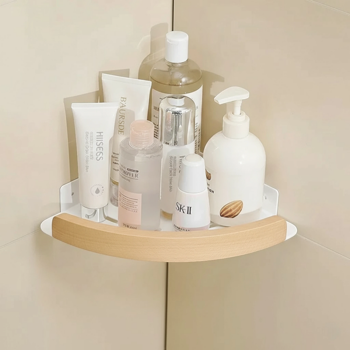 Étagère Murale D'Angle Blanche De Salle De Bain À Rebords En Bois Naturel Clair À Fixations Invisibles