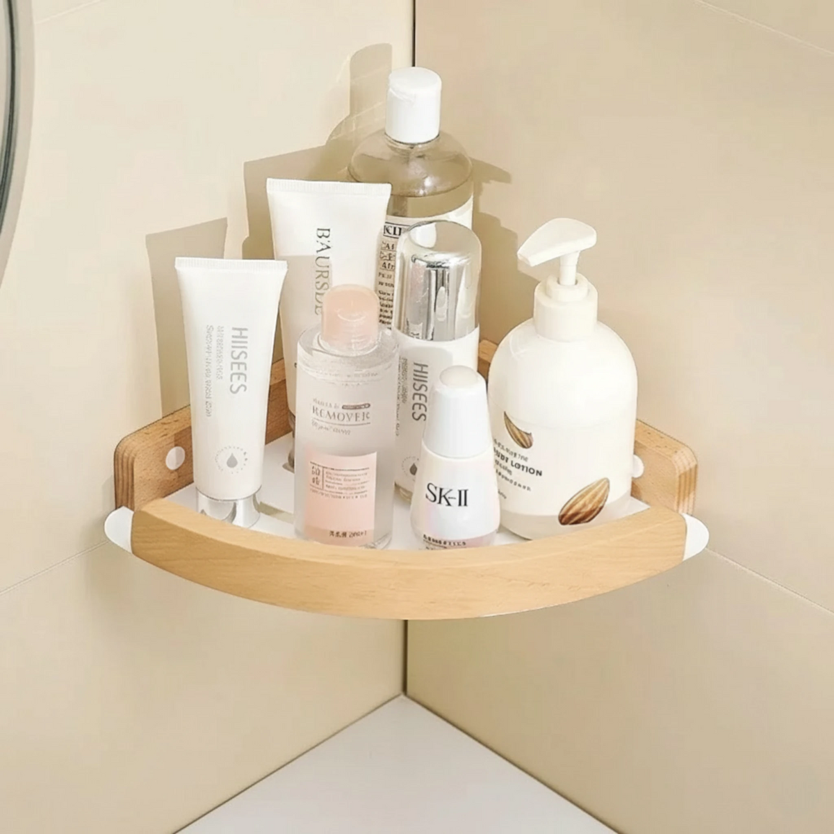 Étagère Murale D'Angle Blanche De Salle De Bain À Rebords En Bois Naturel Clair À Fixations Invisibles