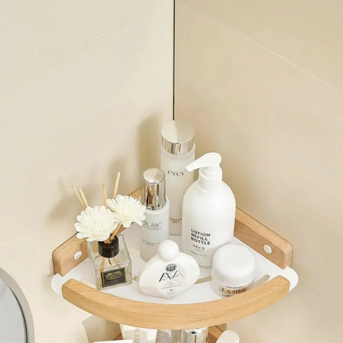 Étagère Murale D'Angle Blanche De Salle De Bain À Rebords En Bois Naturel Clair À Fixations Invisibles