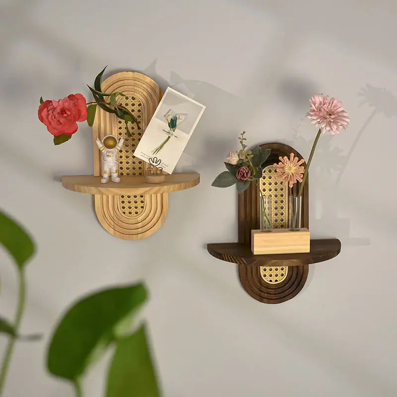 Étagère Murale De Salon En Bois Naturel et Rotin À Fixations Invisibles