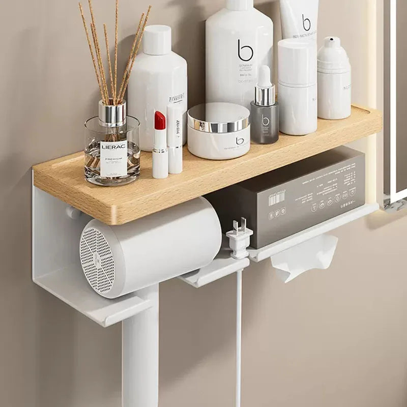 Étagère Murale De  Salle De Bain Avec Porte Sèche Cheveux En Bois Image