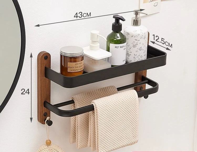 Étagère Murale De Salle De Bain À Fixations Invisibles En Bois À Rebords Et Porte Serviette Métalliques
