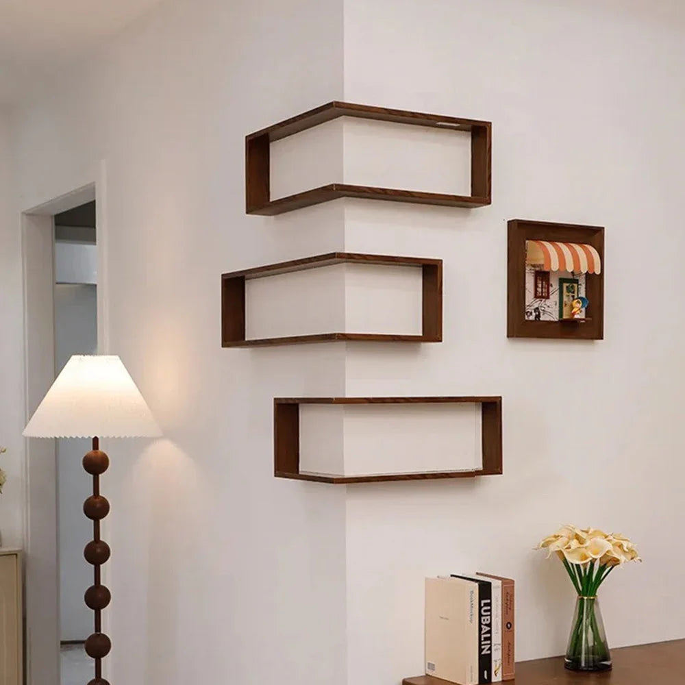 Étagère Murale D'angle Vintage En Bois Naturel Foncé À Fixations Invisibles