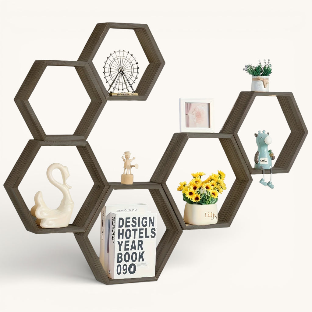 Étagère Murale Cube Hexagonal En Bois Foncé