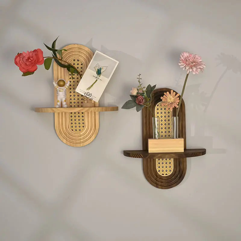 Étagère Murale De Salon En Bois Naturel et Rotin À Fixations Invisibles