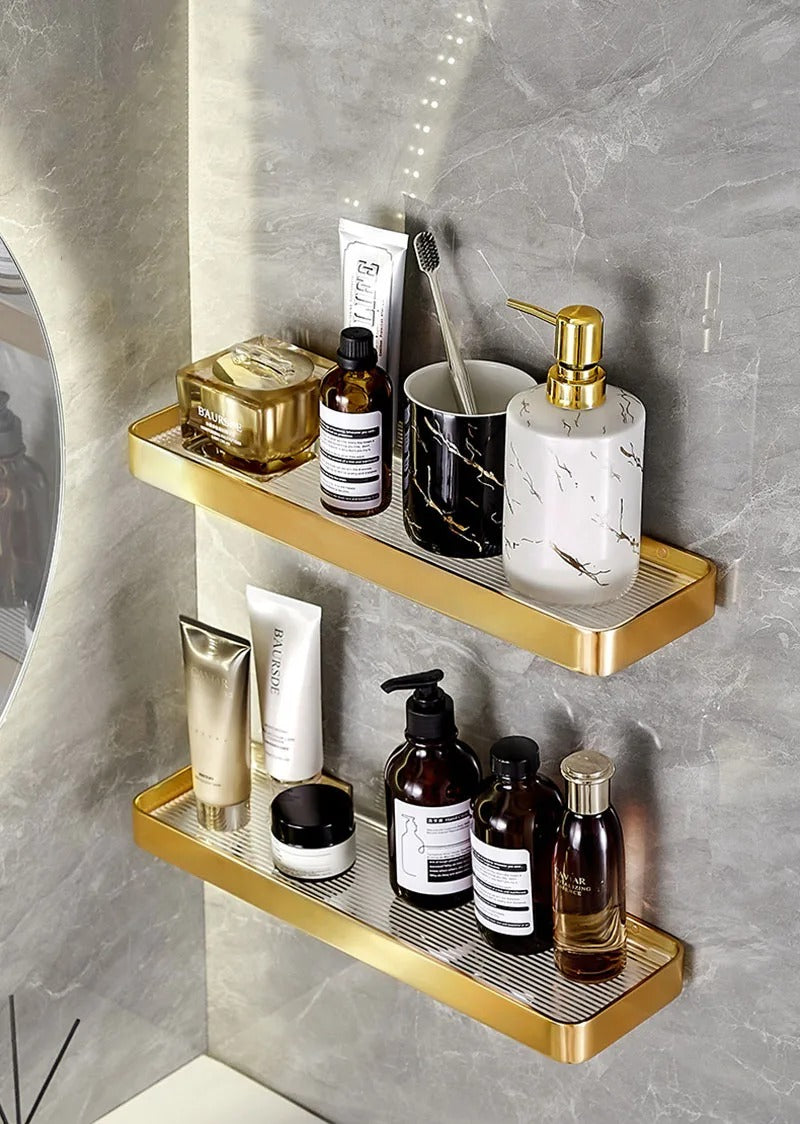 Étagère Murale Métallique De Salle De Bain Dorée Et Transparente À Fixations Invisibles À Rebords