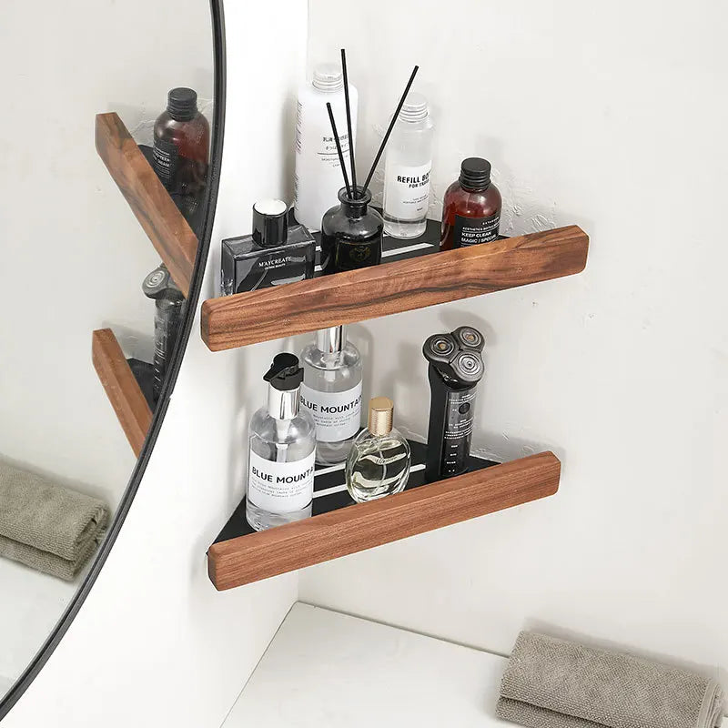 Étagère Murale D'Angle De Salle De Bain À Rangements Pour Accessoires En Bois Image