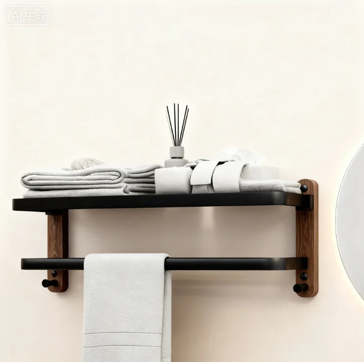 Étagère Murale Métallique De Salle De Bain Porte Serviette En Bois Foncé Image