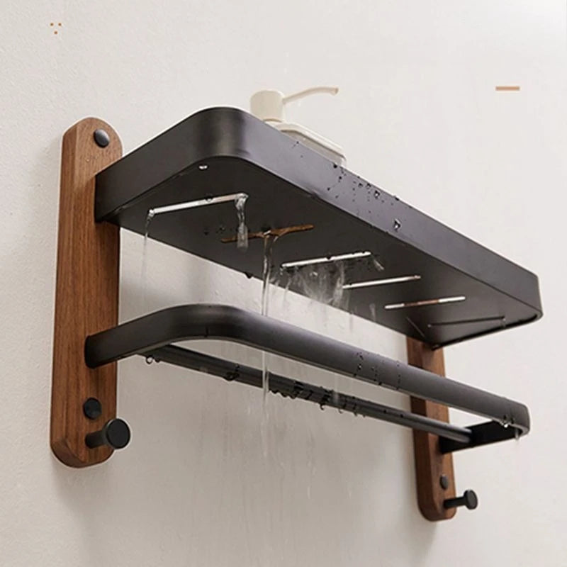Étagère Murale De Salle De Bain À Fixations Invisibles En Bois À Rebords Et Porte Serviette Métalliques