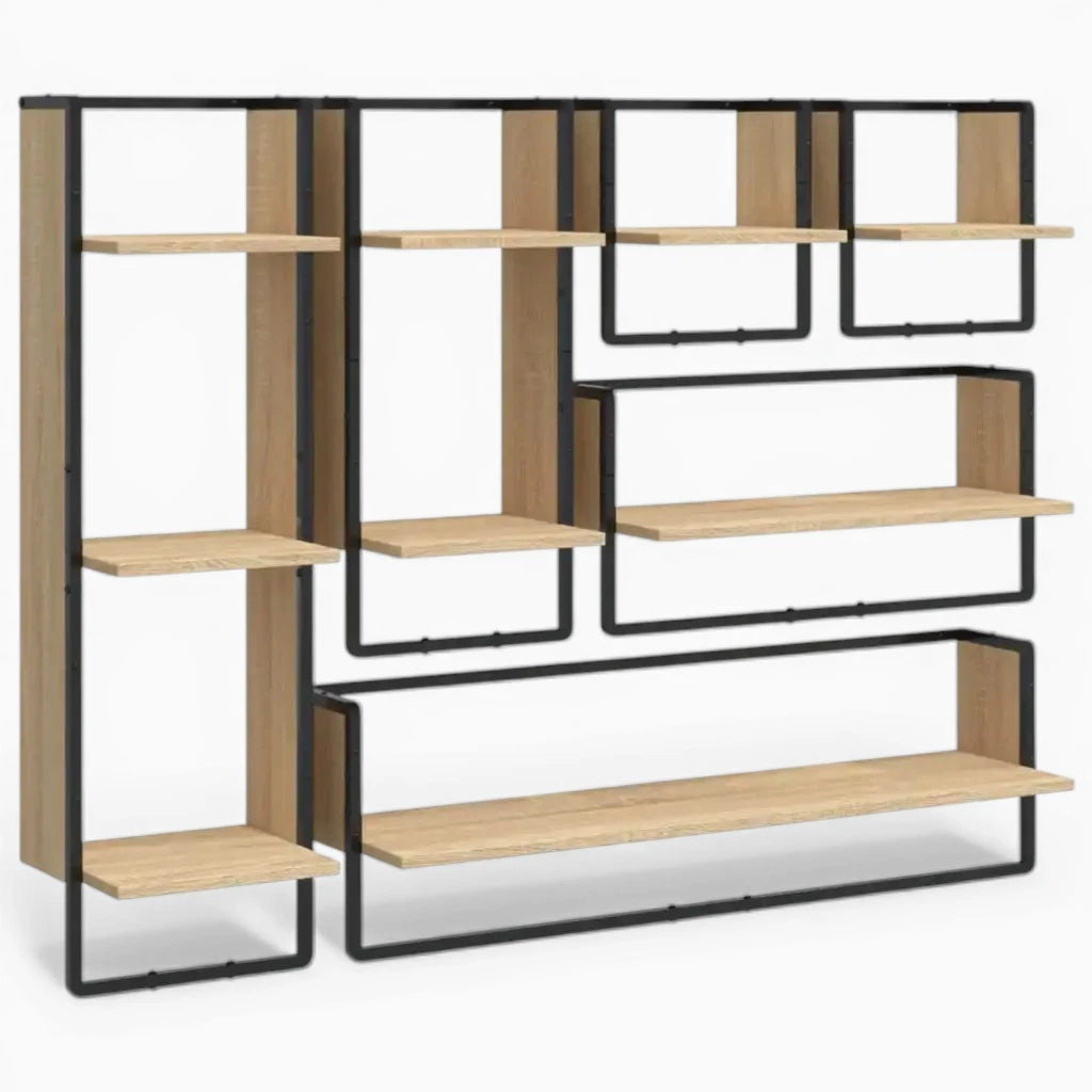 Grande Étagère Murale Industrielle En Bois Naturel À Contours Métalliques À Fixations Invisibles