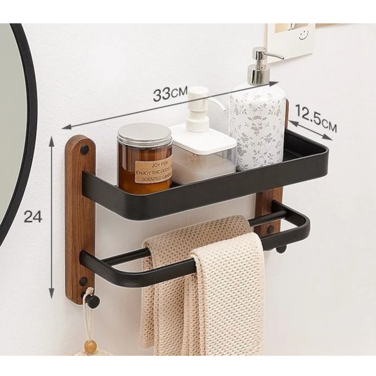 Étagère Murale De Salle De Bain À Fixations Invisibles En Bois À Rebords Et Porte Serviette Métalliques