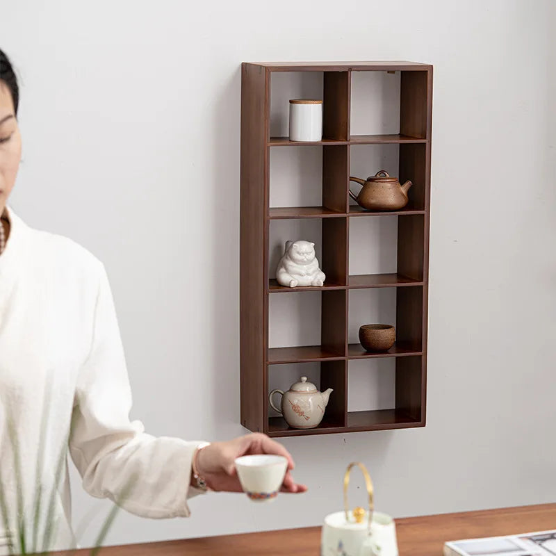 Étagère Murale En Bois De Bambou Foncé À Étages Compartimentés À Fixations Invisibles