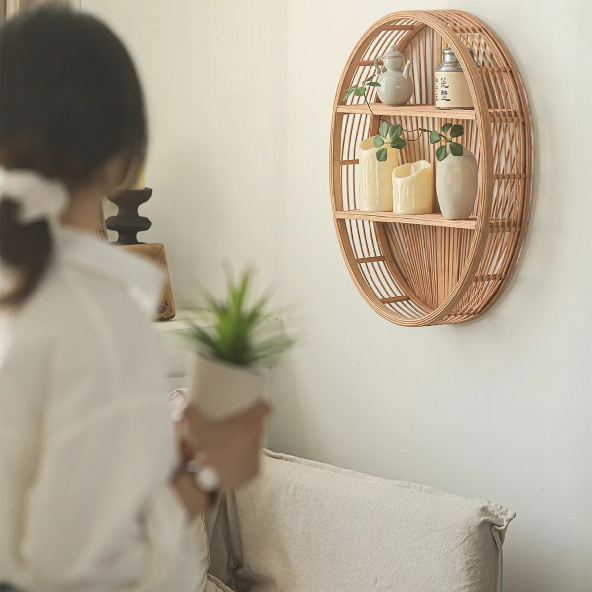 Étagère Murale Ronde En Bambou Et Rotin À Double Étages À Fixations Invisibles