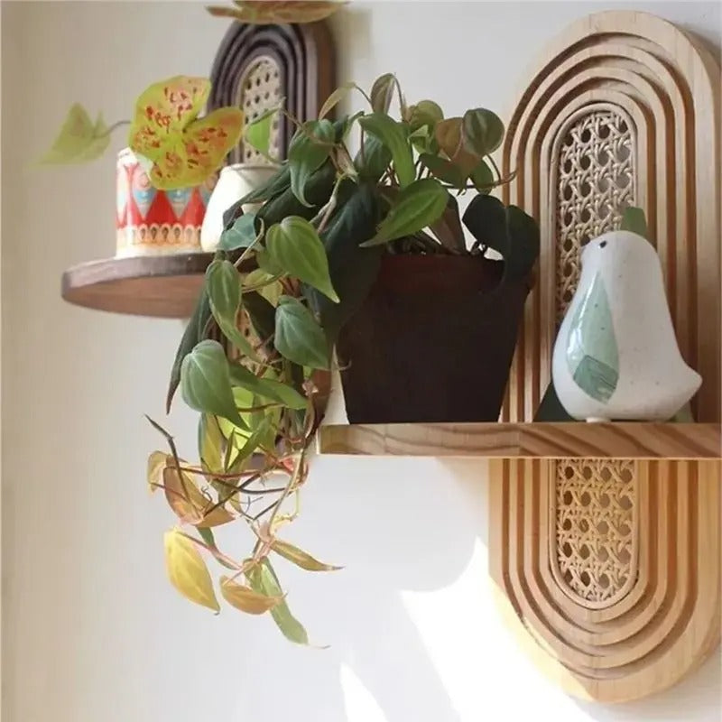 Étagère Murale De Salon En Bois Naturel et Rotin À Fixations Invisibles