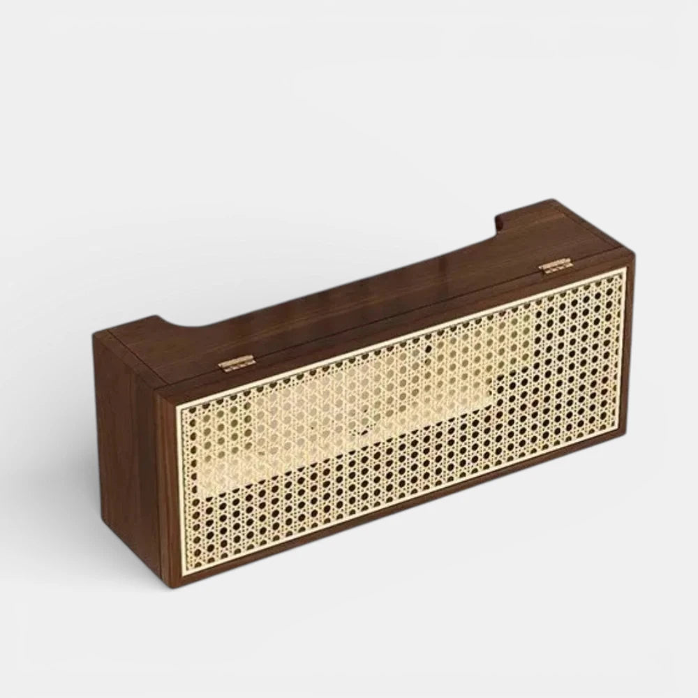 Étagère Murale TV En Bois Naturel Foncé Et En Rotin À Tiroir À Fixations Invisibles