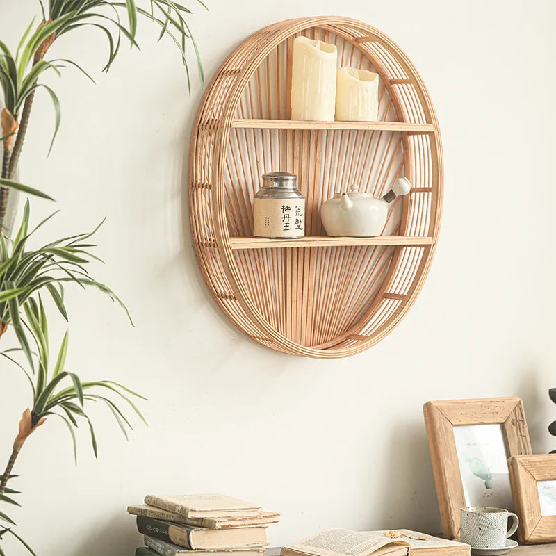 Étagère Murale Ronde En Bambou Et Rotin À Double Étages À Fixations Invisibles