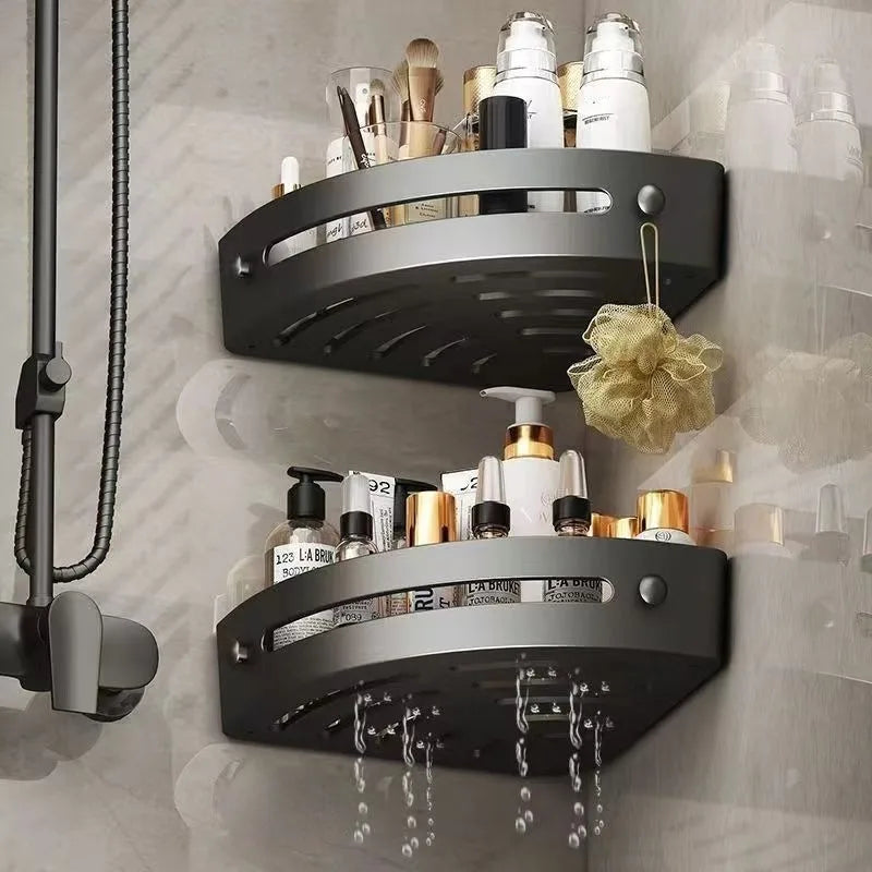 2x Étagère Murale D'angle De Salle De Bain Sans Percer À Évacuation D'Eau Image