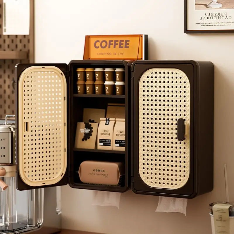 Étagère Murale Noire À Tiroir Effet Rotin À Fixations Invisibles