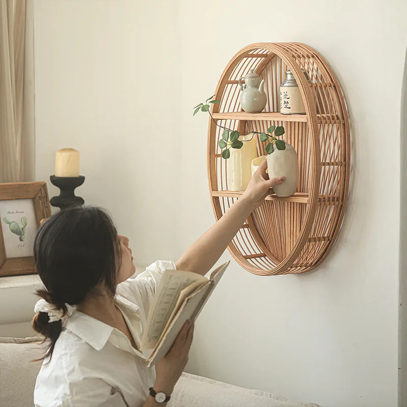 Étagère Murale Ronde En Bambou Et Rotin À Double Étages À Fixations Invisibles
