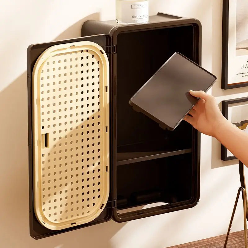 Étagère Murale Noire À Tiroir Effet Rotin À Fixations Invisibles