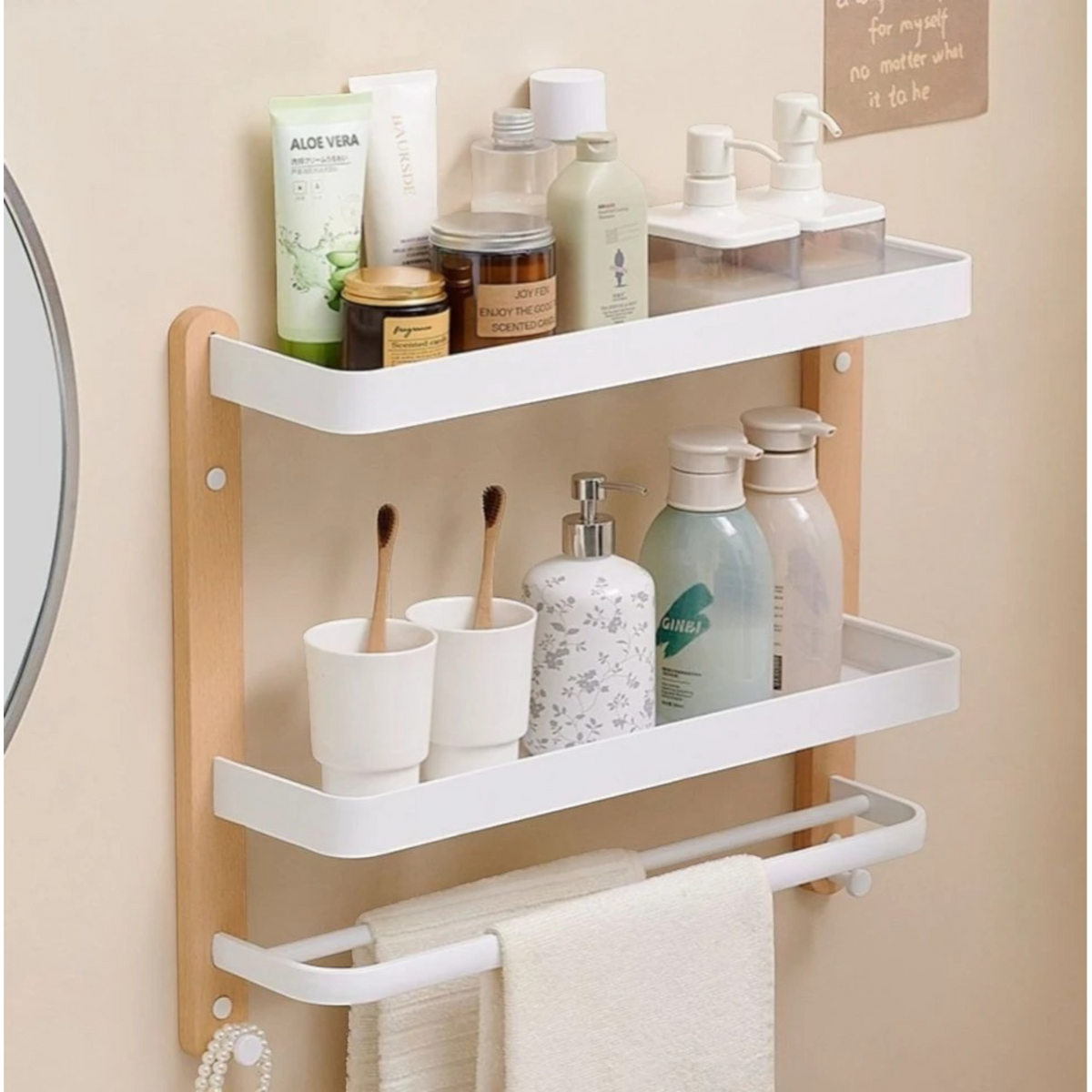 Étagère Murale De Salle De Bain À Fixations Invisibles En Bois À Rebords Et Porte Serviette Métalliques