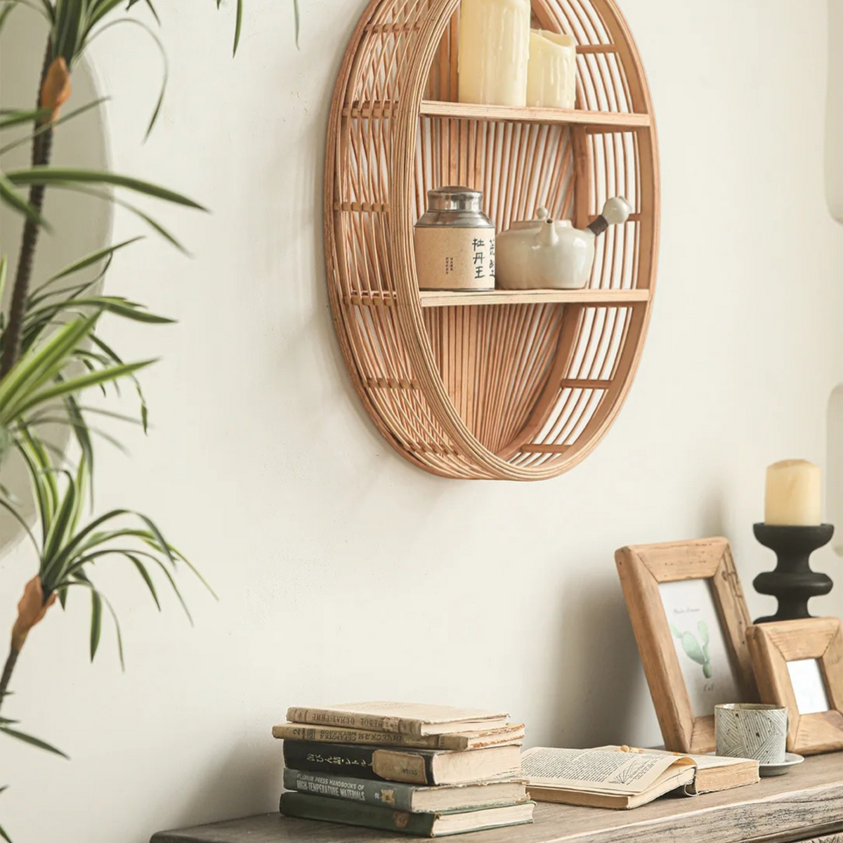 Étagère Murale Ronde En Bambou Et Rotin À Double Étages À Fixations Invisibles