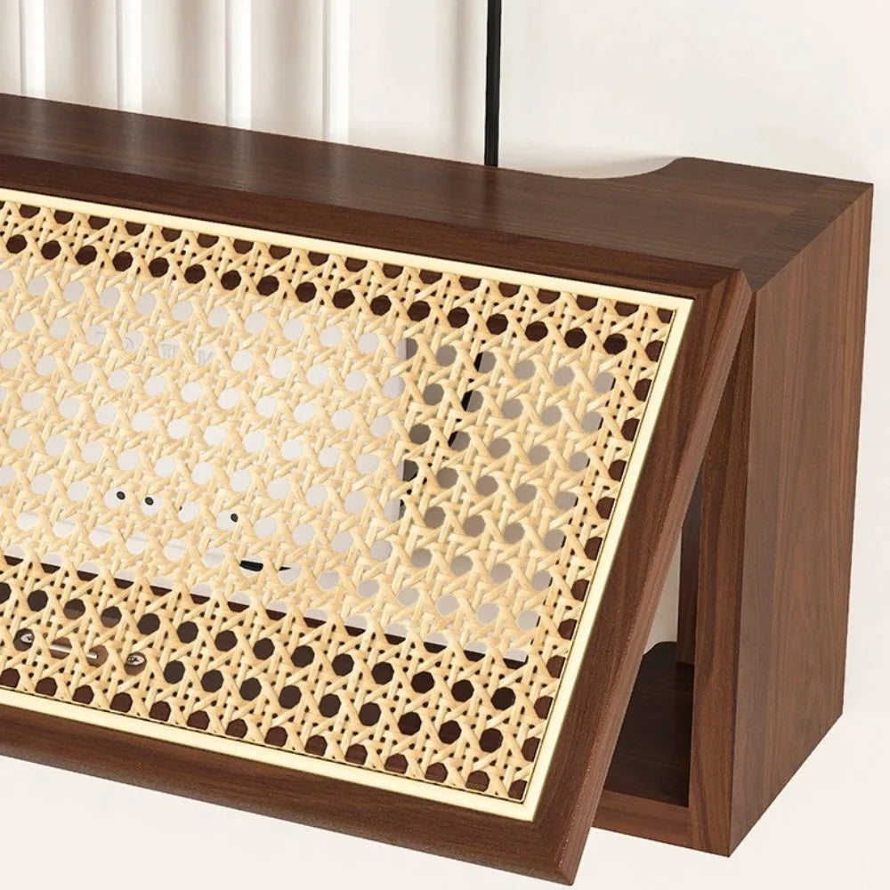 Étagère Murale TV En Bois Naturel Foncé Et En Rotin À Tiroir À Fixations Invisibles