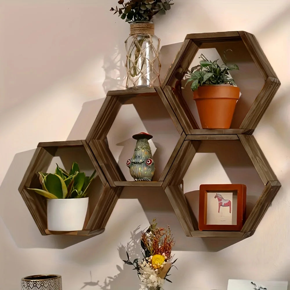 Étagère Murale Cube Hexagonal En Bois Foncé
