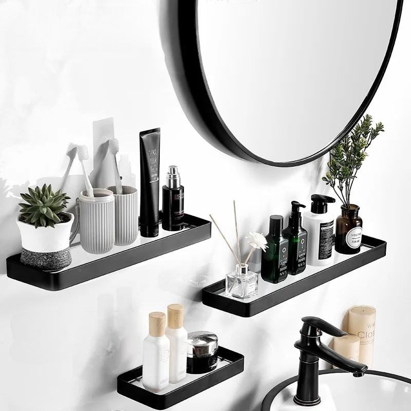 Étagère Murale De Salle De Bain En Verre À Rebords Métalliques Épais