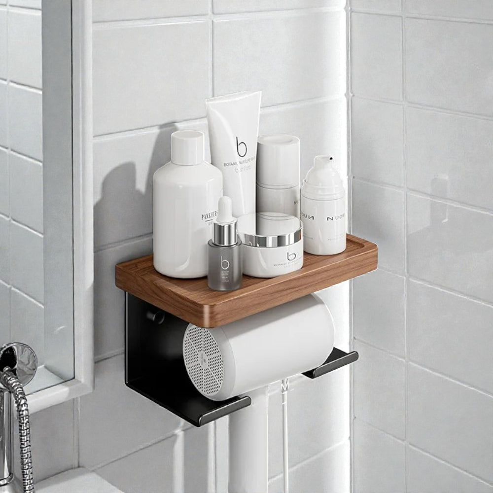 Étagère Murale De  Salle De Bain Avec Porte Sèche Cheveux En Bois