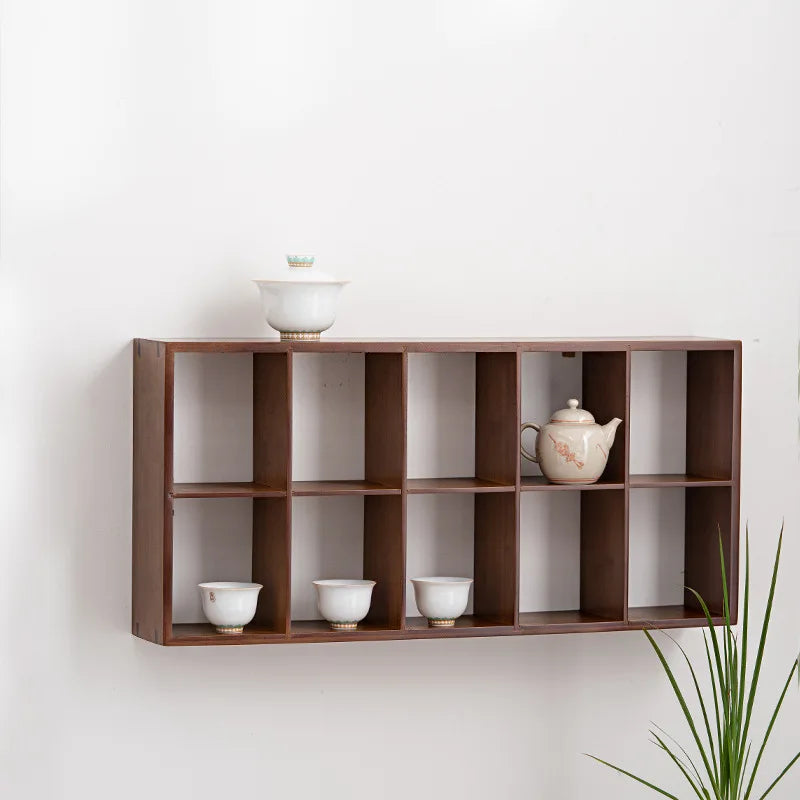 Étagère Murale En Bois De Bambou Foncé À Étages Compartimentés À Fixations Invisibles