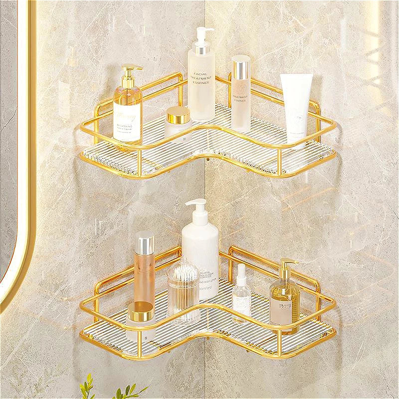 Étagère Murale Métallique D'angle De Salle De Bain Dorée À Rebords Sans Percer