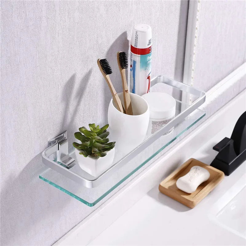Étagère Murale De Salle De Bain En Verre Trempé À Rebords Métalliques À Fixations Invisibles